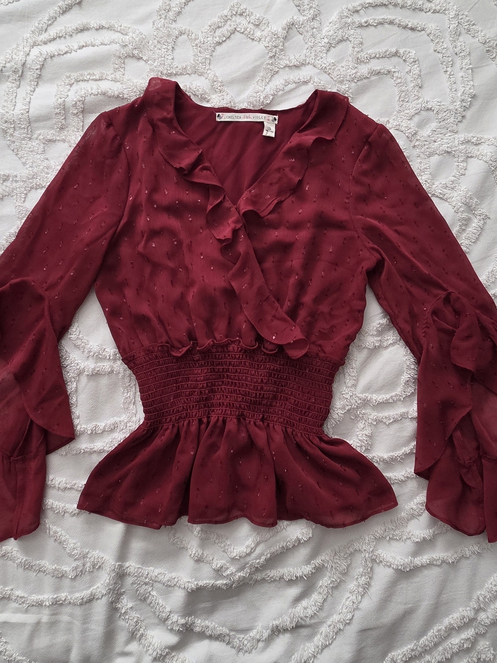 Chelsea & Violet Burgundy Ruffled Smocked Peplum Blouse